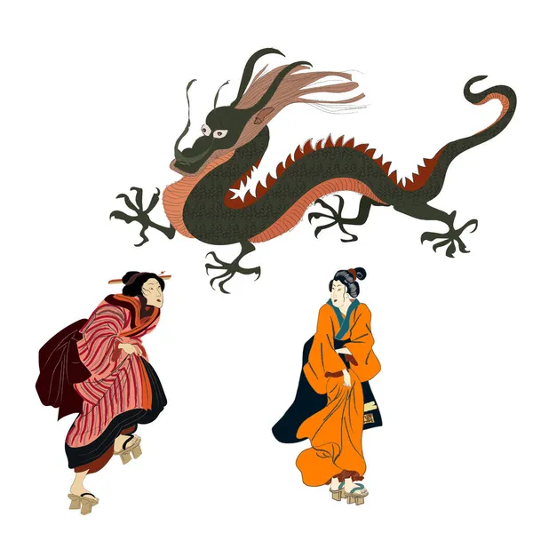 Dragon chinois et geisha en kimono, symbole traditionnel de la culture asiatique du pouvoir sur l'illustration vectorielle du Nouvel An chinois. — Image vectorielle