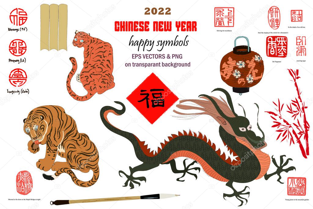 Chinese New Year 2022, year of tiger set of vector illustrations. Chinese hieroglyph translates happiness, dragon, tiger, Happy New Year, prosperity. Oriental set for festival card.