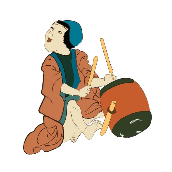 Cultura japonesa, niños japoneses con batería tocando música ilustración vectorial aislada. Edo período ukiyo-e chicos en kimono antiguos niños personajes. — Vector de stock