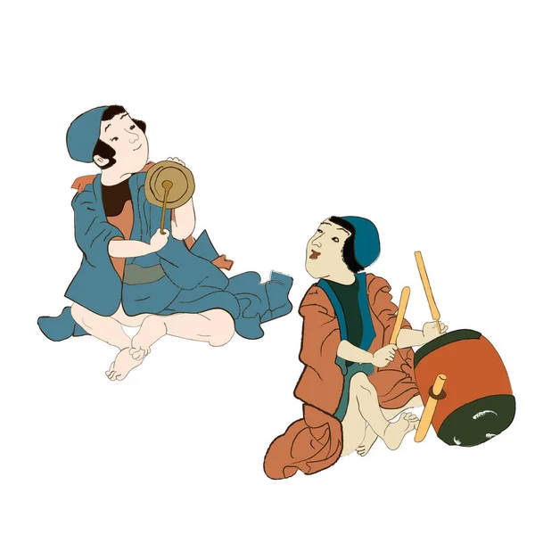 Culture japonaise, enfants japonais avec tambours jouant de la musique illustration vectorielle isolée. Edo période ukiyo-e garçons dans les personnages anciens enfants kimono. — Image vectorielle
