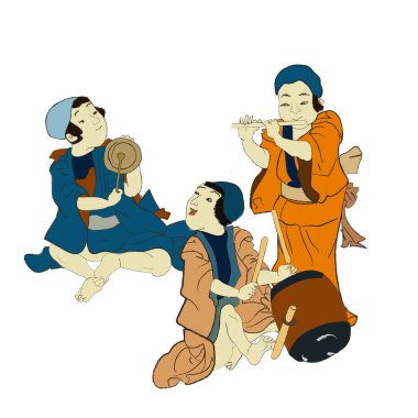 Japon kültürü, müzik enstrümanlı Japon çocuklar müzik eşliğinde izole edilmiş vektör çizimi yapıyorlar. Edo Dönemi Ukiyoe çocukları eski kimono çocuk karakterleri, müzik karakterleri..