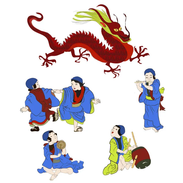 Chinese New Year Dragon Kids China Playing Music Isolated Vector — Image vectorielle