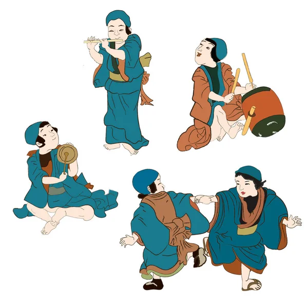 Culture japonaise, enfants japonais avec des instruments de musique jouant de la musique illustration vectorielle isolée. Edo période ukiyo-e garçons en kimono antique enfants personnages musiques. — Image vectorielle