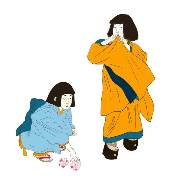 일본 문화, 게이샤 기모노를 입은 일본 소녀들은 벡터 옷을 외따로 입었다. 고대 기모노의 어린이 캐릭터와 패션에 있어서 의 우키요 - 에 소년 시대. — 스톡 벡터