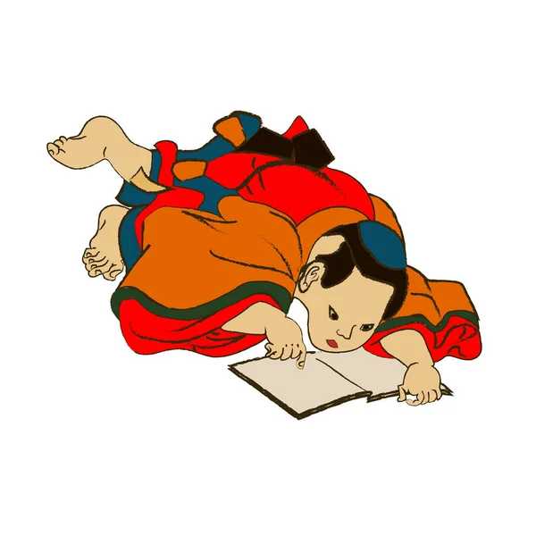 Enfants lisant un livre, apprenant et calculant l'illustration vectorielle des mathématiques. Les enfants japonais ou chinois étudient ou apprennent à l'école. Lecture de livres, devoirs, vieux ukiyo-e art. — Image vectorielle