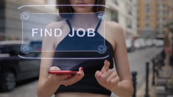 Young adult interacts hologram Find Job — Stock Video