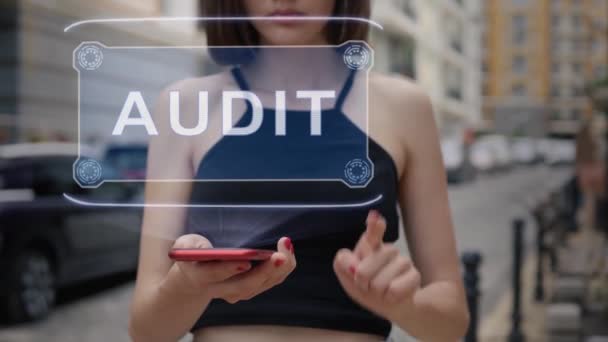 Young adult interacts hologram Audit — Stock Video