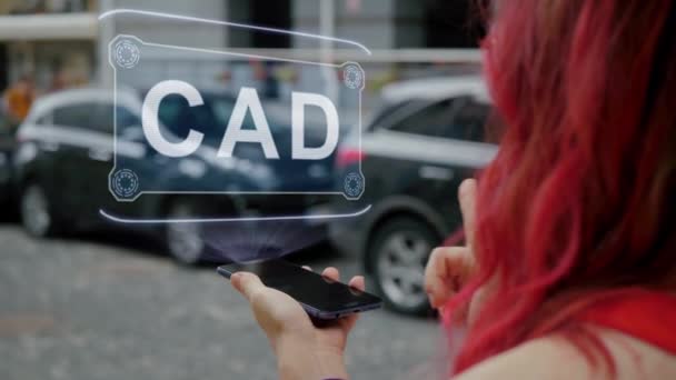 Redhead žena interaguje HUD CAD — Stock video