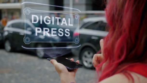 Redhead woman interacts HUD Digital Press — Vídeo de stock