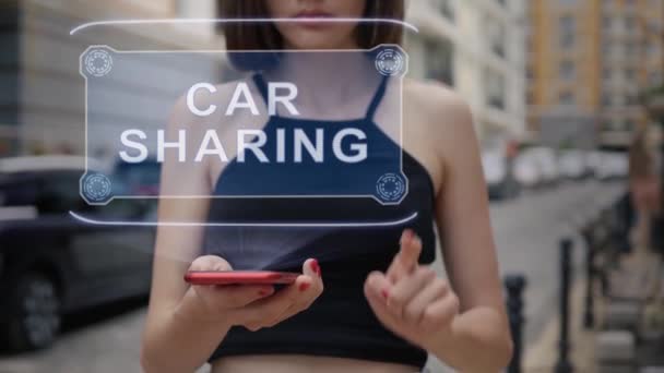 Young adult interacts hologram Car Sharing — Videoclip de stoc