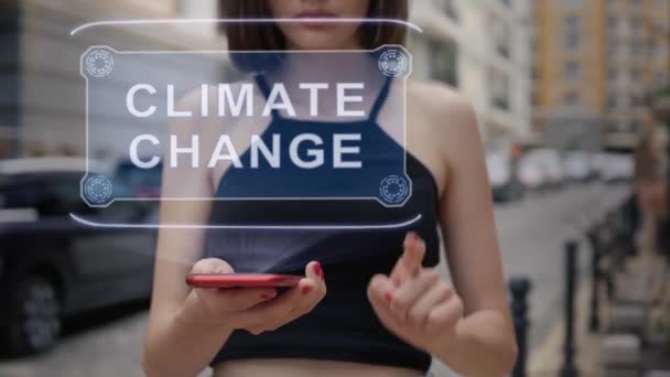 Young adult interacts hologram Climate Change — Αρχείο Βίντεο