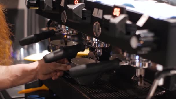 Unrecognizable Barista Making Hot Coffee Coffee Shop Process Preparing Two — Video Stock