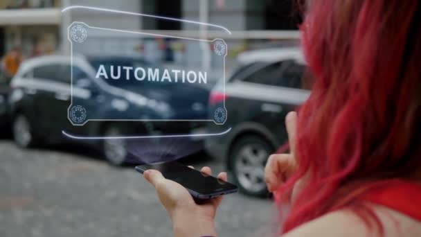 Unrecognizable Redhead Woman Standing Street Interacts Hud Hologram Text Automation — 비디오