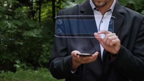 Unrecognizable Businessman Activates Conceptual Hud Holograms Smartphone Text Black Friday — Vídeos de Stock