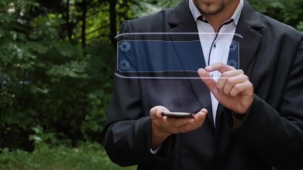 Unrecognizable Businessman Activates Conceptual Hud Holograms Smartphone Text Breaking News — ストック動画