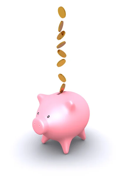 Coins falling down into the piggy bank — Stock Photo, Image