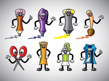 Çizim ve ofis araçları çizgi film seti