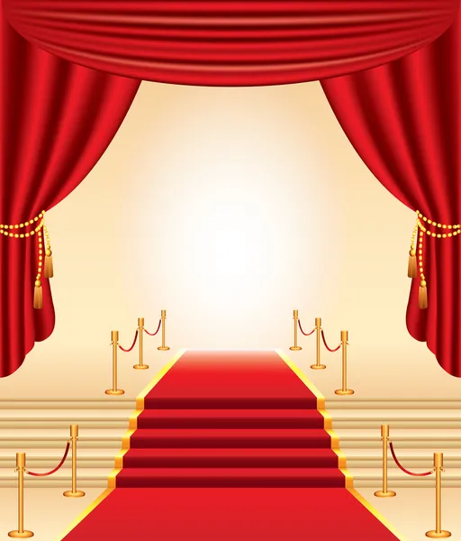 Alfombra roja, candados dorados, escaleras y cortinas — Vector de stock