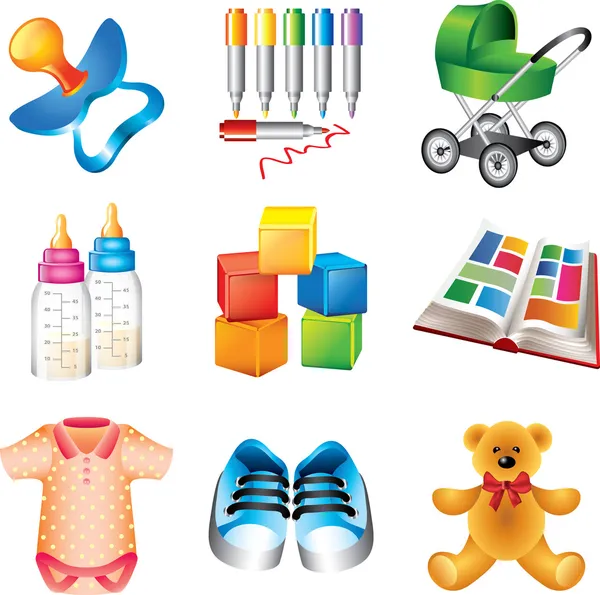 Brinquedos de bebê e coisas detalhadas ícones conjunto —  Vetores de Stock