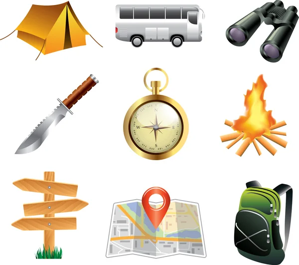 Conjunto detallado de iconos de turismo y camping — Vector de stock