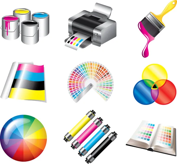 Afdrukken en CMYK-kleuren iconen — Stockvector