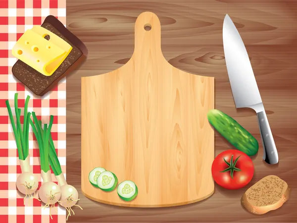 Tabla de cortar en mesa de madera, ingredientes alimentarios — Vector de stock