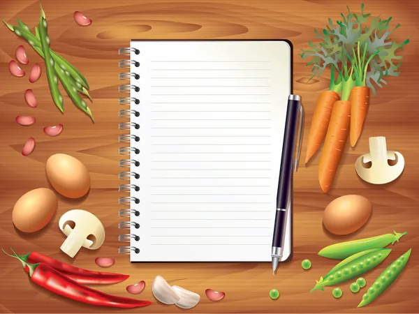 Livro de receitas sobre mesa de madeira, ingredientes alimentares — Vetor de Stock