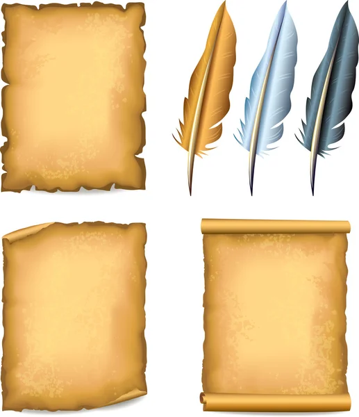 Oud papier textuur bladen en drie veer pennen — Stockvector