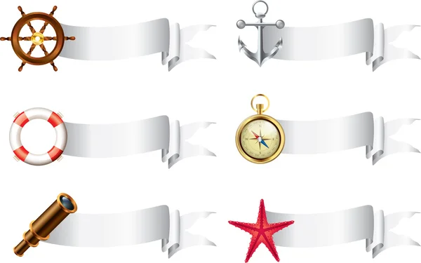Marine items with empty ribbon banners — Stock Vector