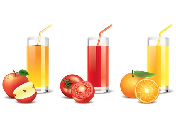 Manzana, tomate y jugo de naranja vector — Vector de stock