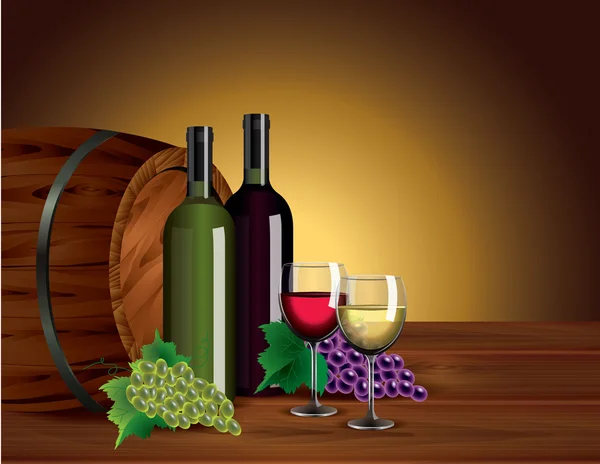 Винные бутылки, бокалы, виноград и бочка — стоковый вектор
