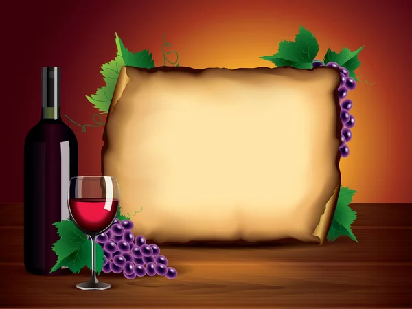 Botella de vino, copa, uvas y papel en blanco — Vector de stock