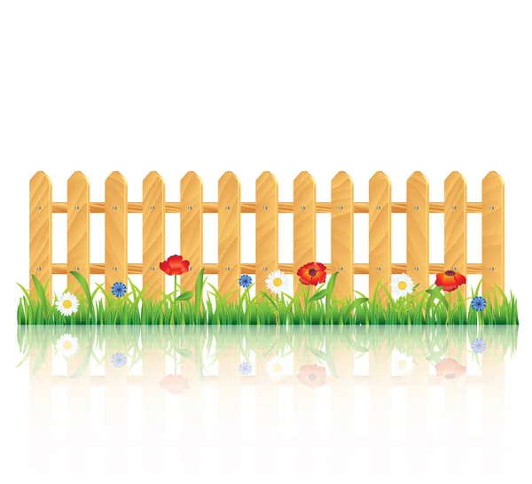 Houten hek op gras met bloemen — Stockvector