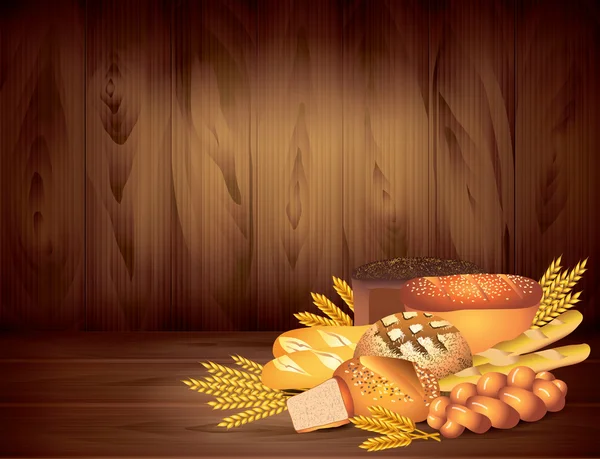 Хліб і пшениця на темному дерев'яному фоні вектор — стоковий вектор