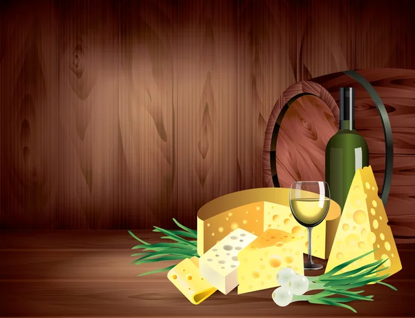 Fromages et vin sur fond bois foncé vecteur — Image vectorielle