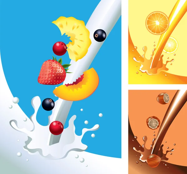 Milk and juice splashes with fruits in vector — Stock Vector