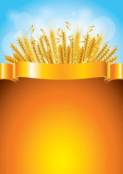 Пшеница на векторном фоне с золотой лентой — стоковый вектор
