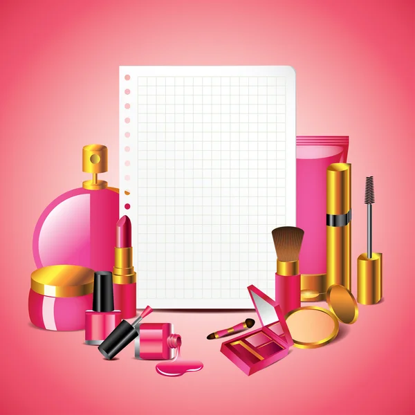 Cosmetics with blank paper vector background — Stock Vector