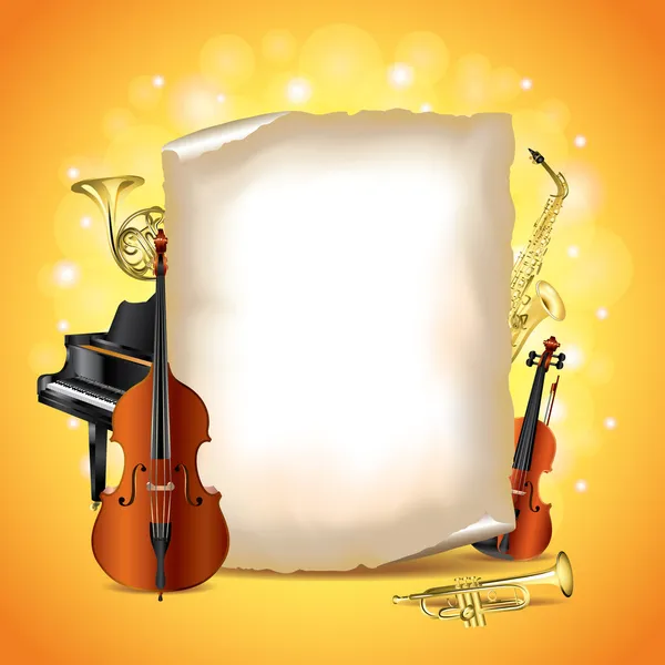 Instrumentos musicales con papel en blanco, vector — Vector de stock