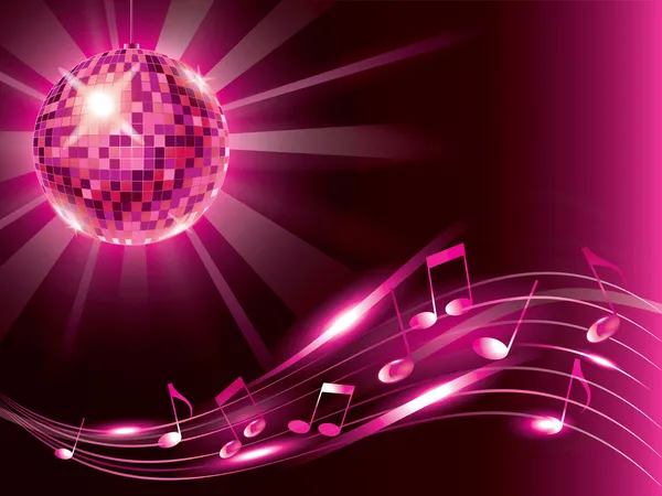 Fond musical avec boule disco et notes — Image vectorielle