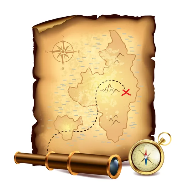 Mapa do tesouro dos piratas com spyglass e bússola — Vetor de Stock