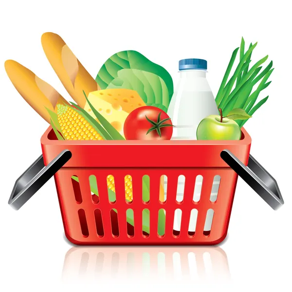 Shopping basket with food isolated on white vector — Stock Vector