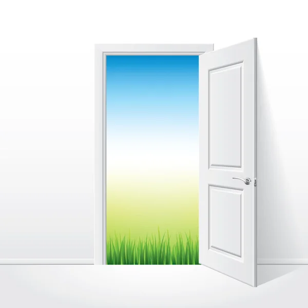 Geöffnete weiße Tür und Naturvektorillustration — Stockvektor