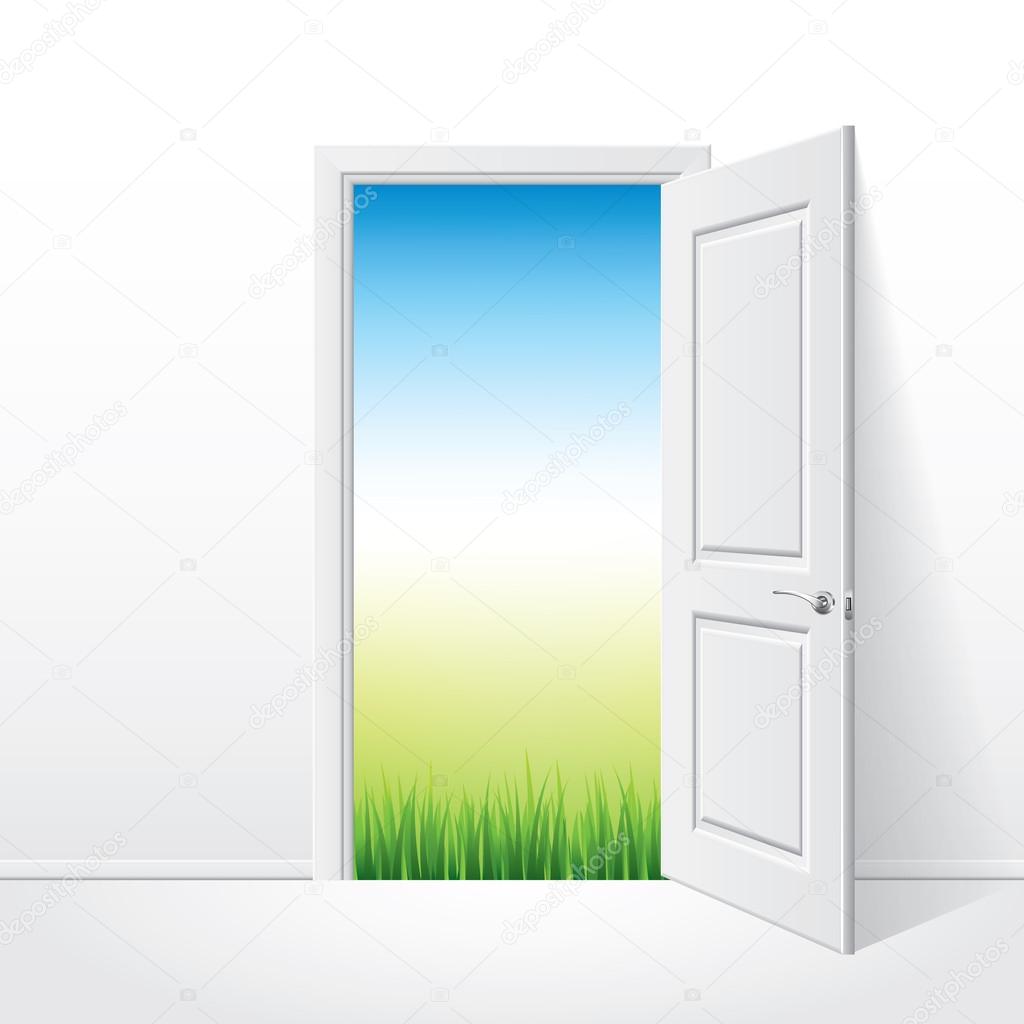 Opened white door and nature vector illustration