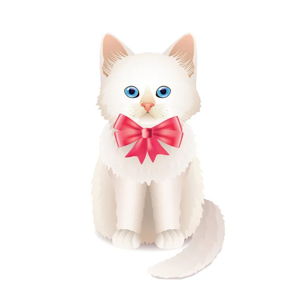 Weißes Kätzchen mit rosa Schleifenvektorabbildung — Stockvektor