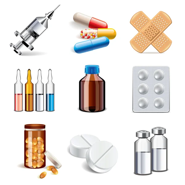 Medicina farmaci icone vettoriale set — Vettoriale Stock