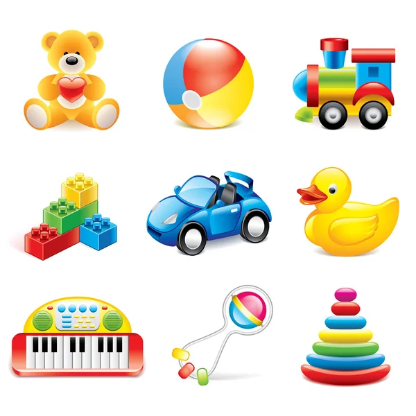 Coloridos juguetes iconos vector conjunto — Vector de stock