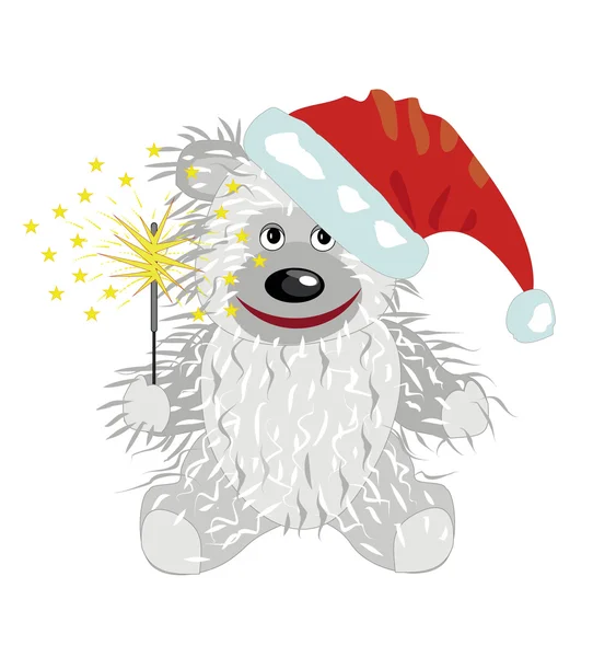 White teddy bear in a Santa Claus hat — Stock Vector