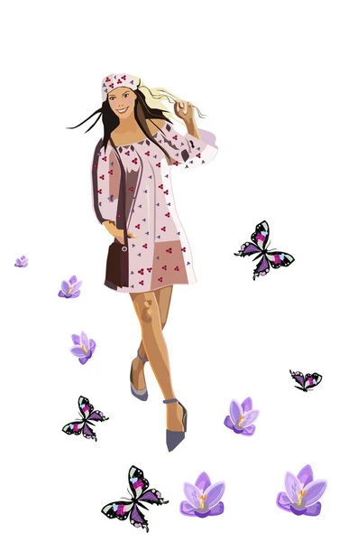 Vacker tjej går på vår väg med blommor och fjärilar — Stock vektor