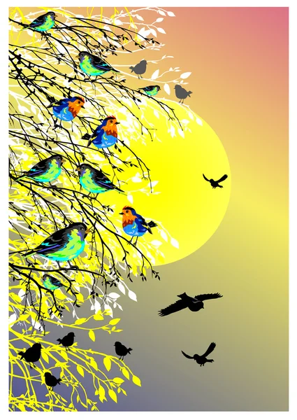 Schöner Hintergrund mit Sonne, Vögeln und Baumsilhouette — Stockvektor